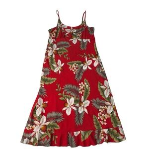 TWO PALMS Hawaiian Tropical Floral Print Maxi Dress Red Spaghetti Strap Rayon M